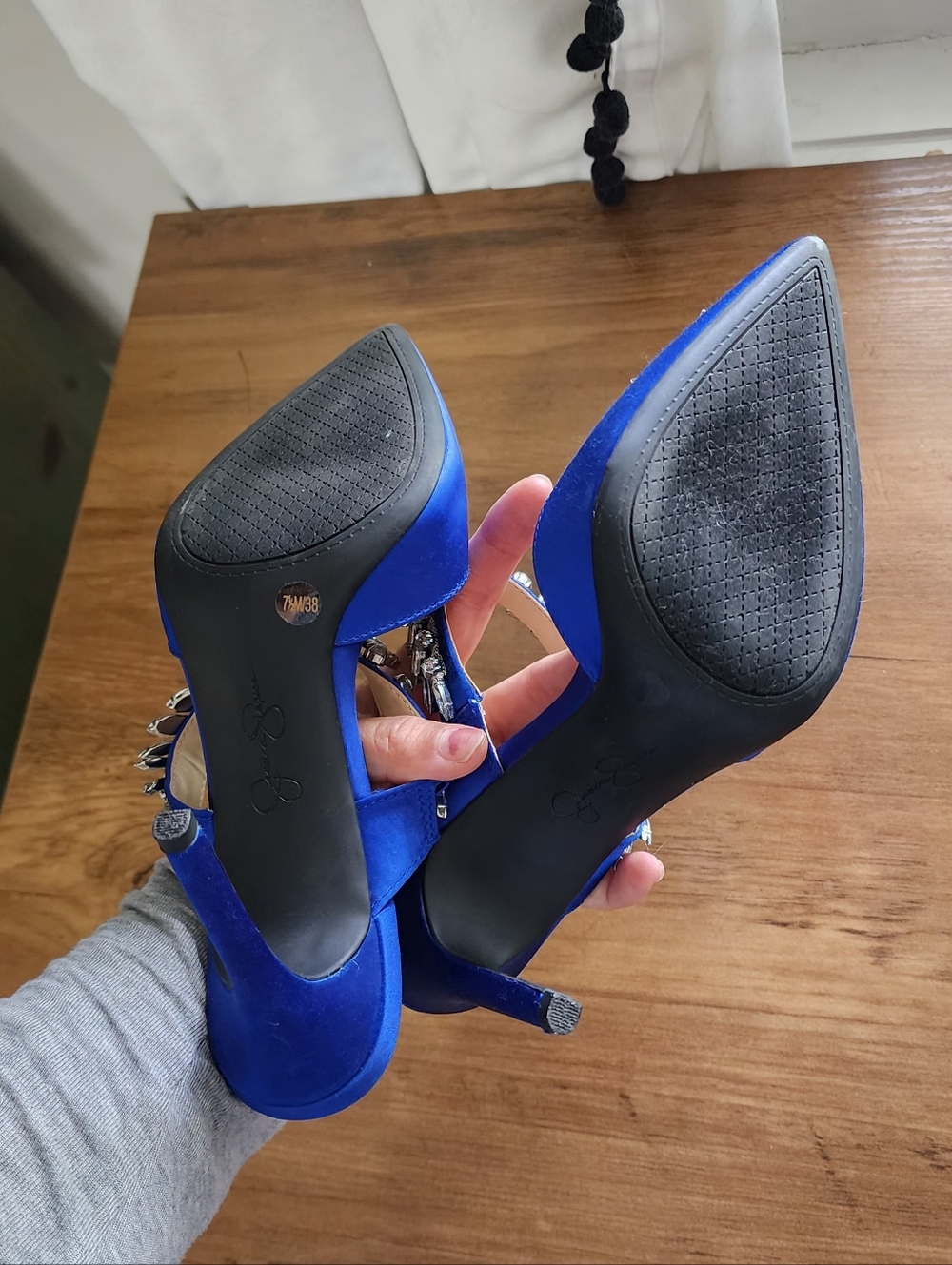 Jessica Simpson Sapphire Blue Crystal-Embellished Satin Mules - Picture 5 of 7